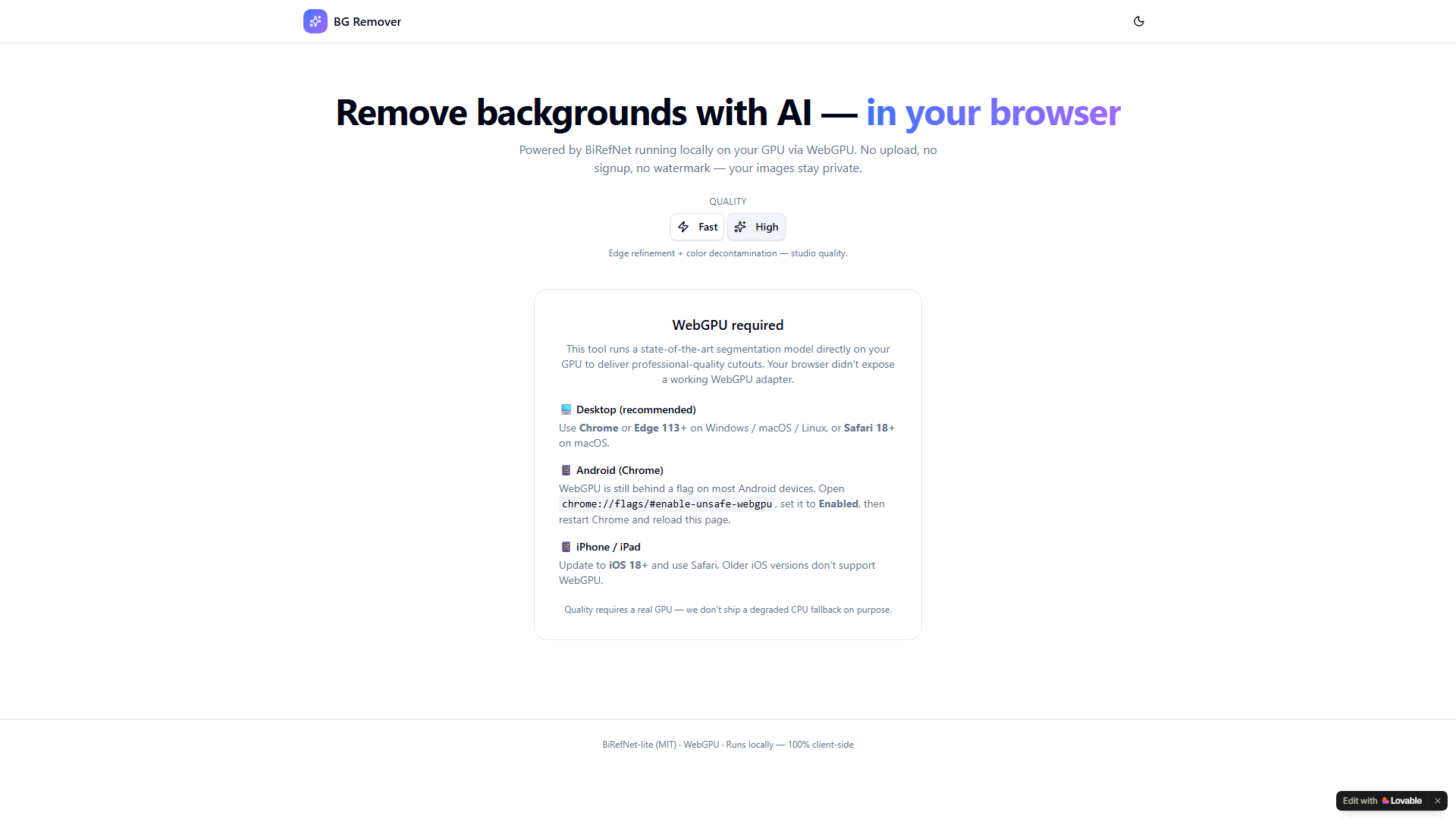 Skarmbild av Remove BG: Ta bort bakgrund med AI i webbläsaren via WebGPU (BiRefNet lokalt) – inga uppladdningar, ingen vattenstämpel; bilden lämnar aldrig enheten.